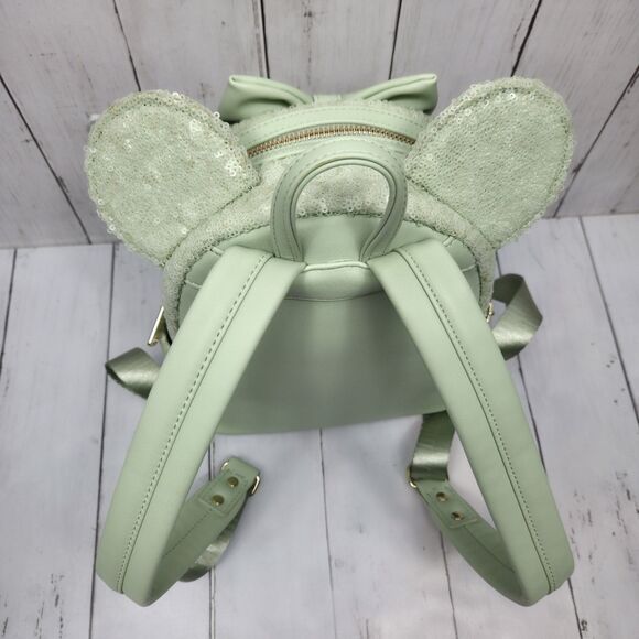 Disney Parks Loungefly Mint Green Sequin W Bow Mini Backpack Retired Rare Cute! - Picture 10 of 16